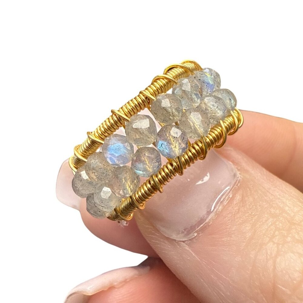labradorite faceted bead double layer adjustable ring wire wrapped gold NEW